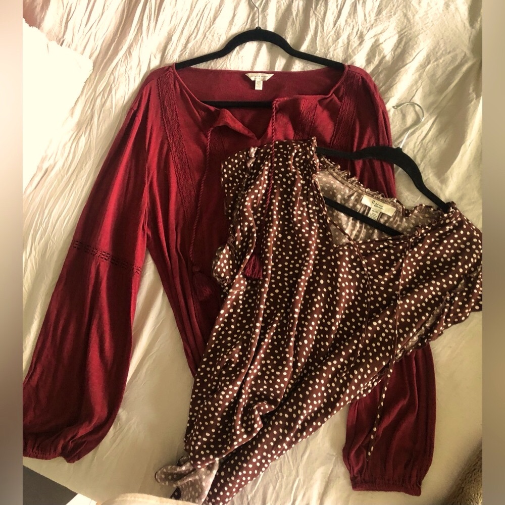 Polka Dot, Ruffled Sleeve, Boho, Blouse. Lucky Brand, Elastic Cuff Henley Top.